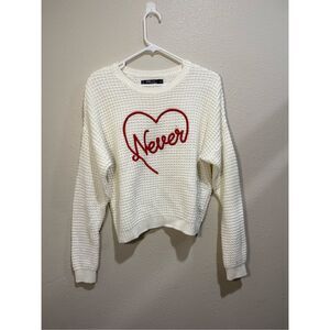 Off White Waffle Knit Sweater with Red Embroidered Heart with “Never” Women’s Si